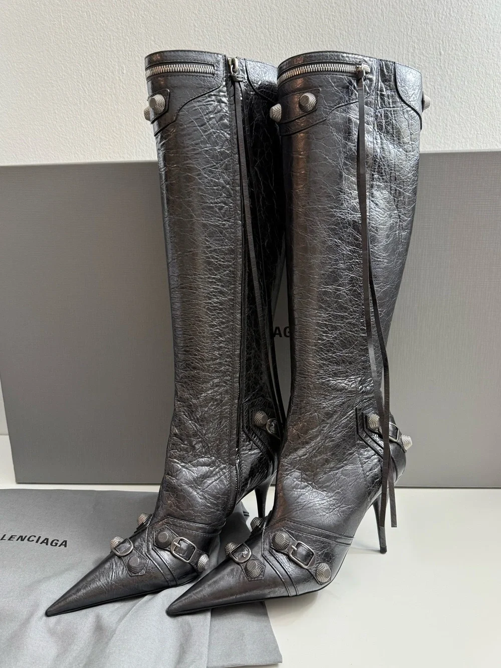 BALENCIAGA Le Cagole studded crinkled-leather knee boots